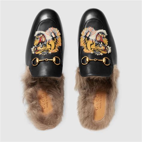 gucci black fur tiger princetown slippers|princetown horsebit detailed leather slippers.